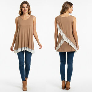 Entro Brown Lace Trim Tank Top or Dress Size L NWT